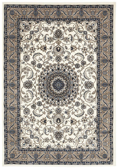 Sydney Collection Medallion Rug White with Beige Border